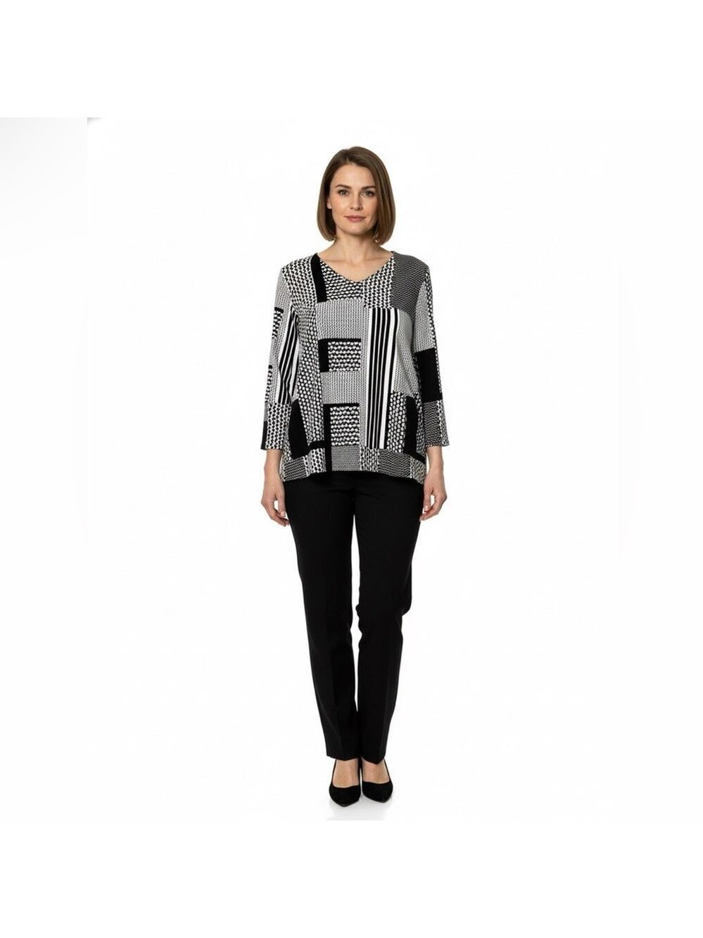CHICO’S EASYWEAR Vee Neck Popover 3/4 Sleeve Top B&W Patchwork Print US Sz L